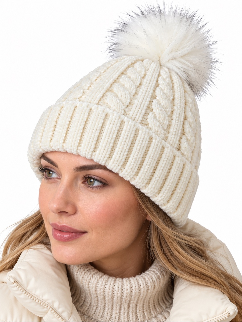 Ivory Cable Knit Beanie Oversized Faux Fur Pom Plush Lined Après Ski Snow Bunny